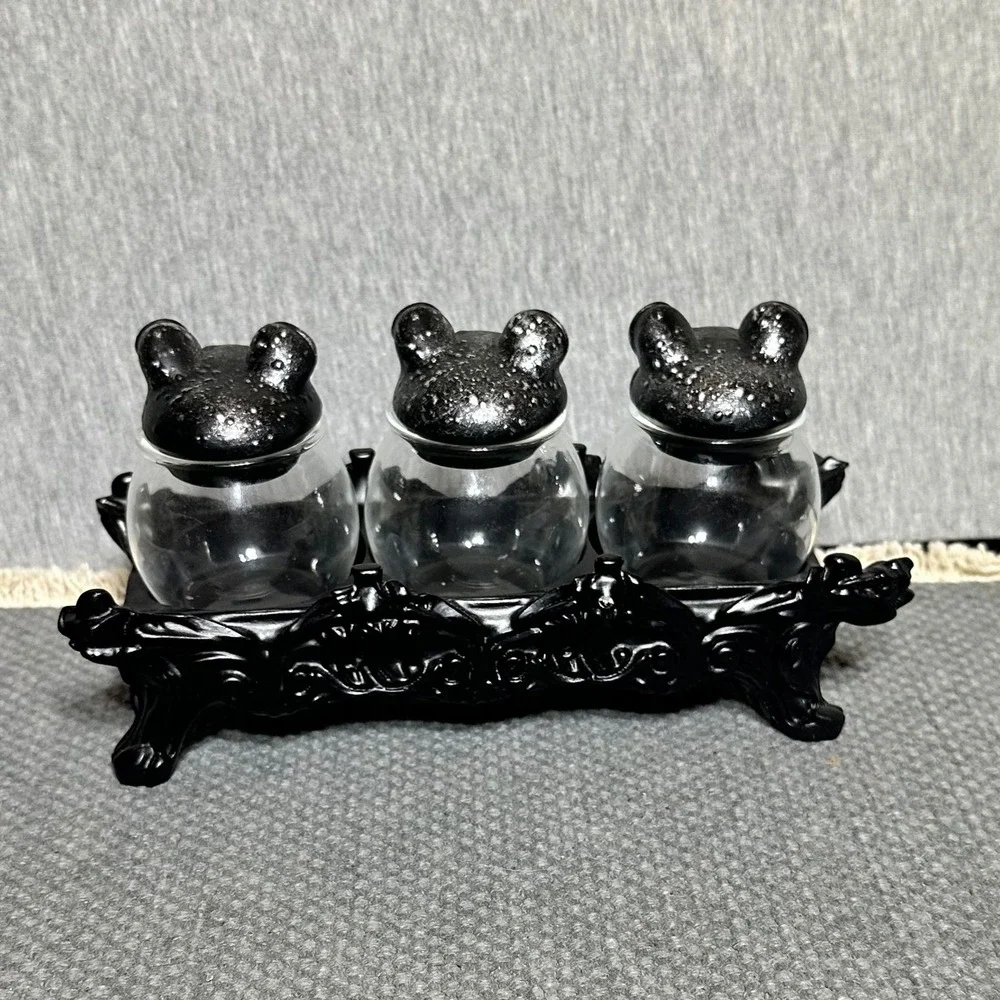 Gothic Frog Spice Jar Set 3 Glass Apothecary Bottles Ornate Black Display Base